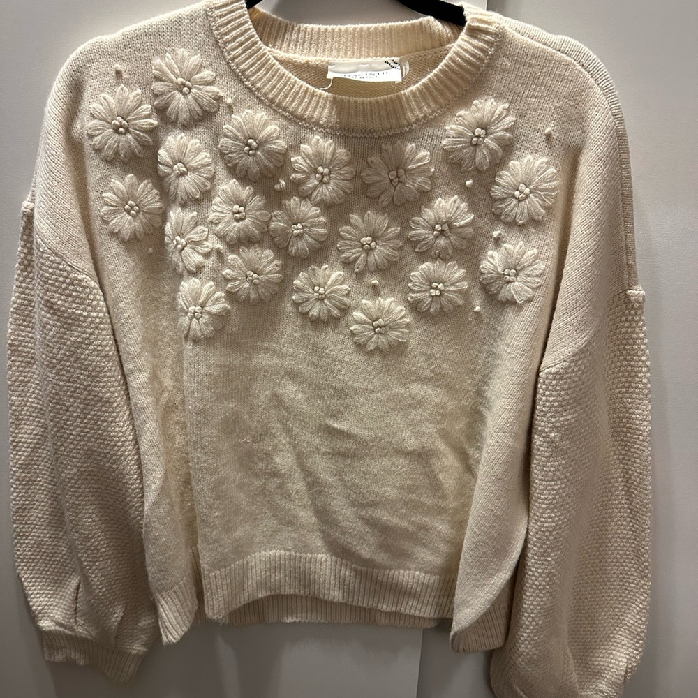 HYACINTH HOUSE FLOWER EMBROIDERED SWEATER CREAM puff sleeve Tuckernuck - Picture 2 of 10